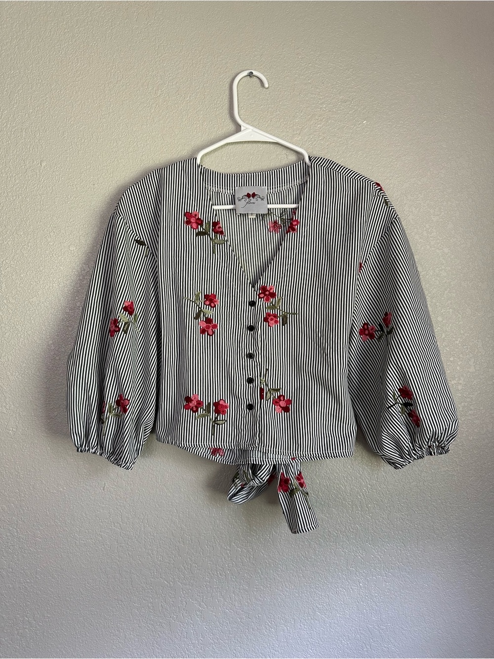 Flores Boho White Striped Embroidered Floral Tie Back Blouse Top